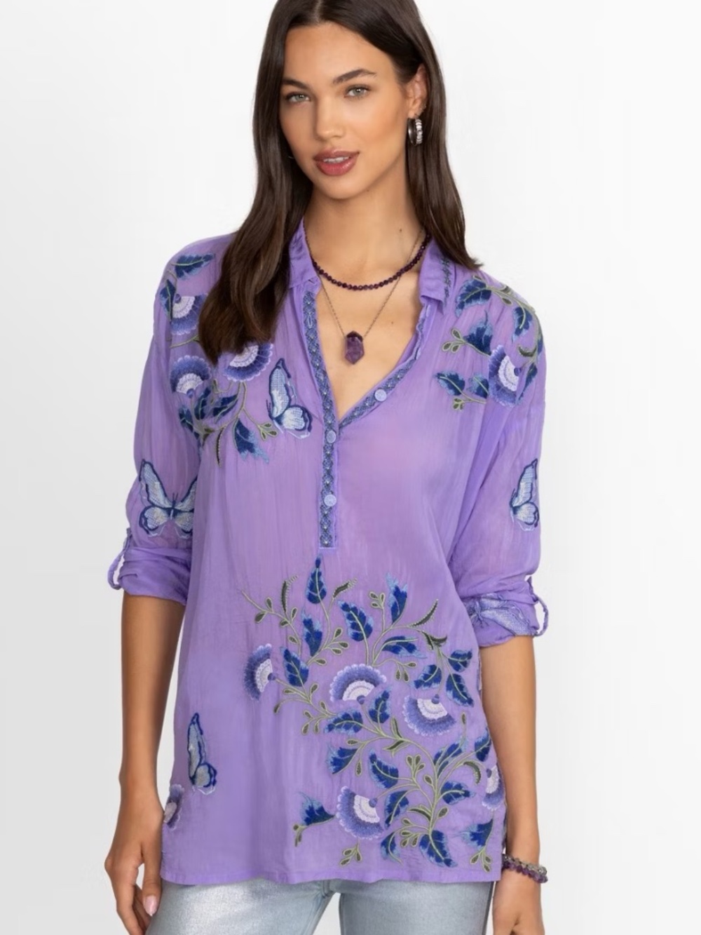 Johny Was Slim Audrey Tunic purple embroidery butterflies paisley lightweight